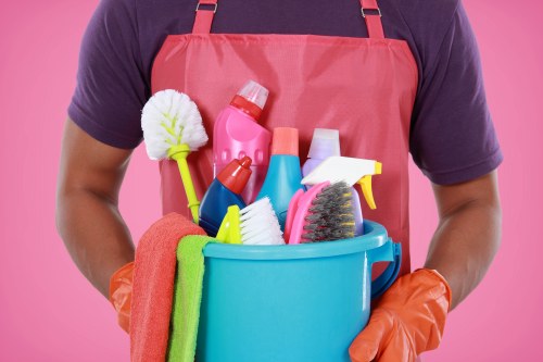 Professional domestic cleaner in a London home preparing a living room for cleaning